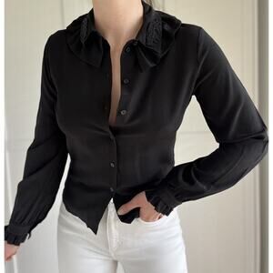 Kenzo x H&M Silk Shirt Black Beaded Blouse Size 2 Tiger Ruffle